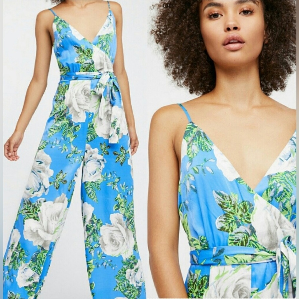 Free People Blue Floral Wide-Leg Jumpsuit with Tie Waist
